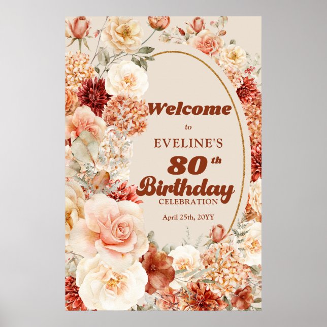 Colourful bouquet rusty blush 80th birthday Welcom Poster (Front)