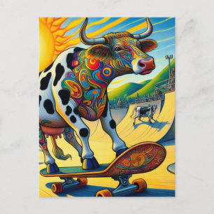Colourful Bovine Skateboarding Postcard