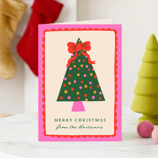 Colourful Bow Christmas Tree Scallop Frame Folded Holiday Card