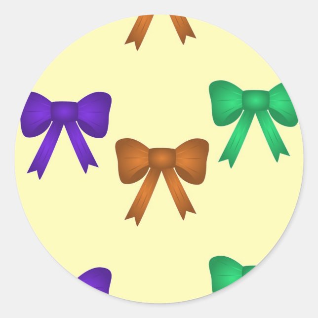 Colourful bow ribbons on cream classic round sticker (Front)