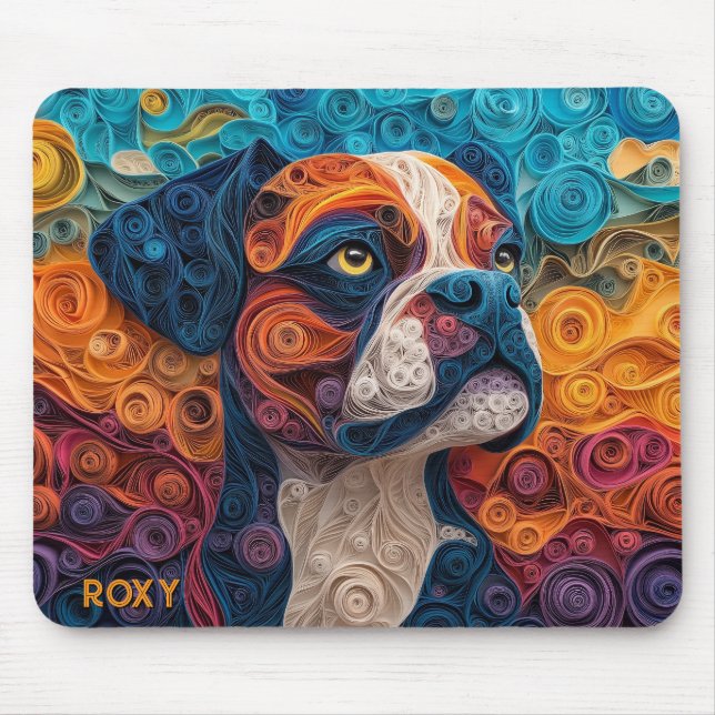 Colourful Boxer Paper Quilling Dog Portrait Mouse Mat (Front)
