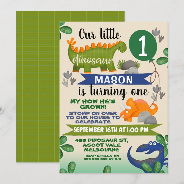 Colourful Boys Little Dinosaur Birthday Invitation (Front/Back)