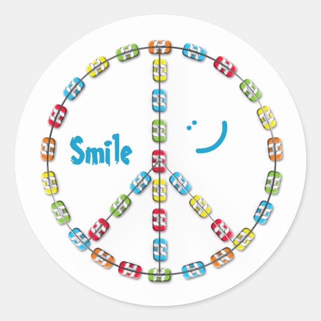Colourful Braces Peace Sign Smile Classic Round Sticker (Front)