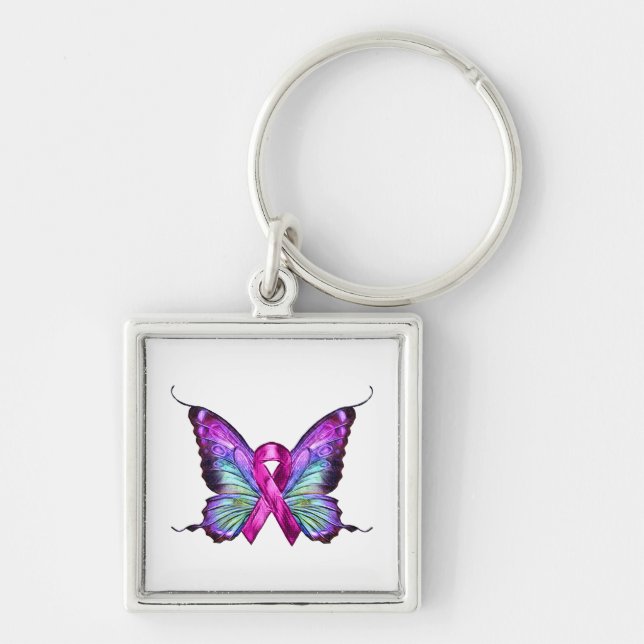 Colourful Breast Cancer Awareness Butterfly Key Ring (Front)