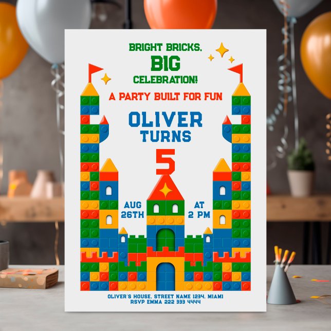 Colourful brick castle birthday party design invitation (Creator Uploaded)
