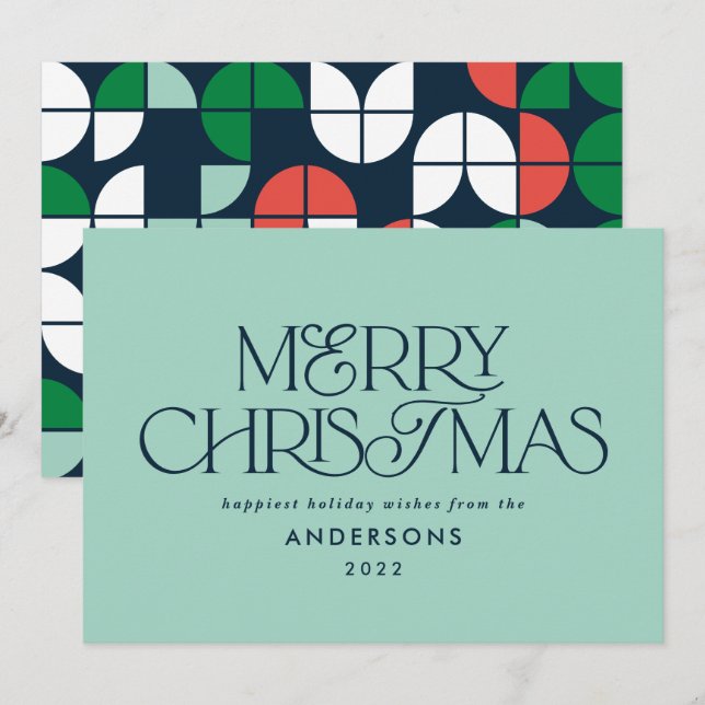 Colourful bright aqua Christmas geometric script Holiday Card (Front/Back)