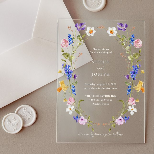 Colourful Bright Boho Floral Wreath | Wedding Acrylic Invitations (Creator Uploaded)
