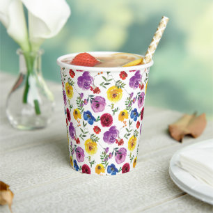 Colourful Bright & Bold Watercolor Floral Paper Cups