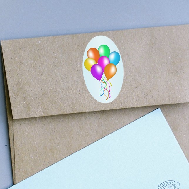Colourful Bright Bunch of Balloons Oval Sticker (Bunch brightly coloured balloons streamers on oval light blue stickers.)