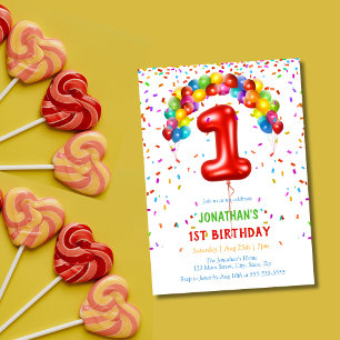Colourful Bright Confetti Balloons 1st Birthday Invitation