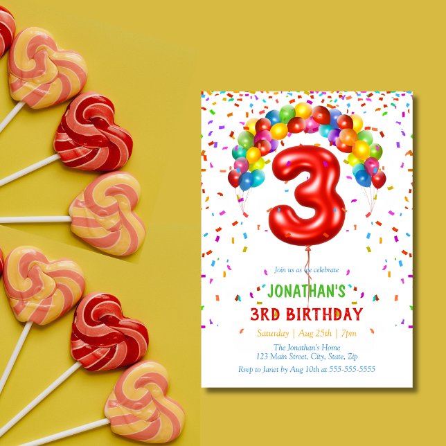 Colourful Bright Confetti Balloons  3rd Birthday Invitation (Creator Uploaded)
