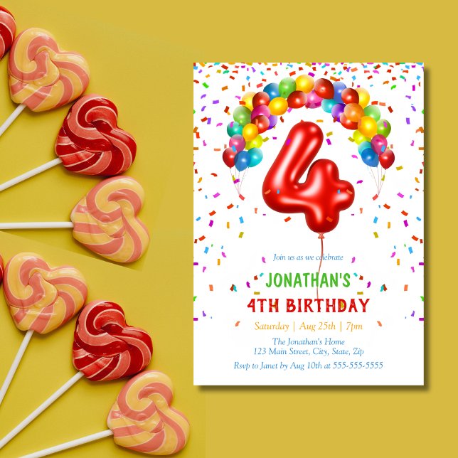 Colourful Bright Confetti Balloons 4th Birthday Invitation (Creator Uploaded)