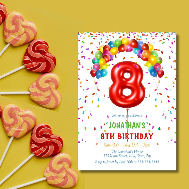 Colourful Bright Confetti Balloons 8th Birthday Invitation (Creator Uploaded)