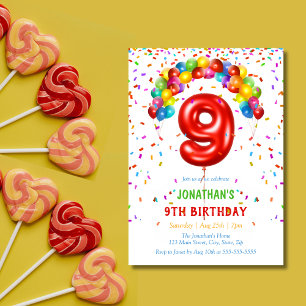 Colourful Bright Confetti Balloons 9th Birthday Invitation