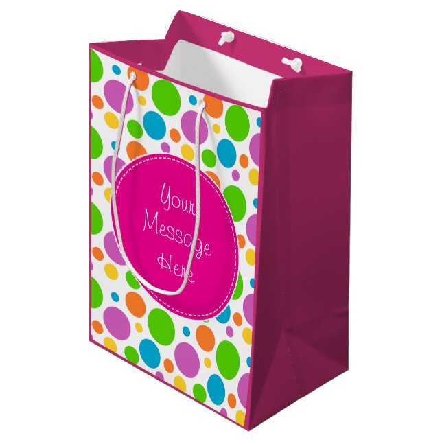 Colourful Bright Dots Pattern Pink Custom Text Medium Gift Bag (Front Angled)