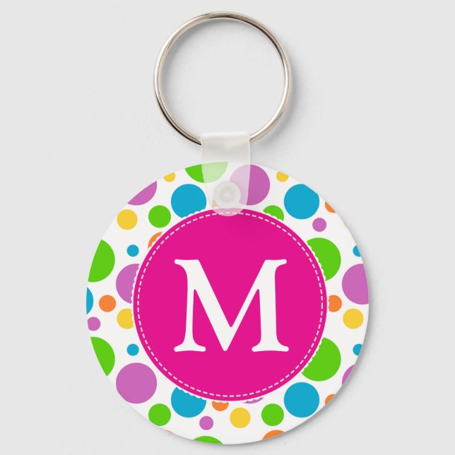 Colourful Bright Dots Pattern Pink Monogram Key Ring (Front)