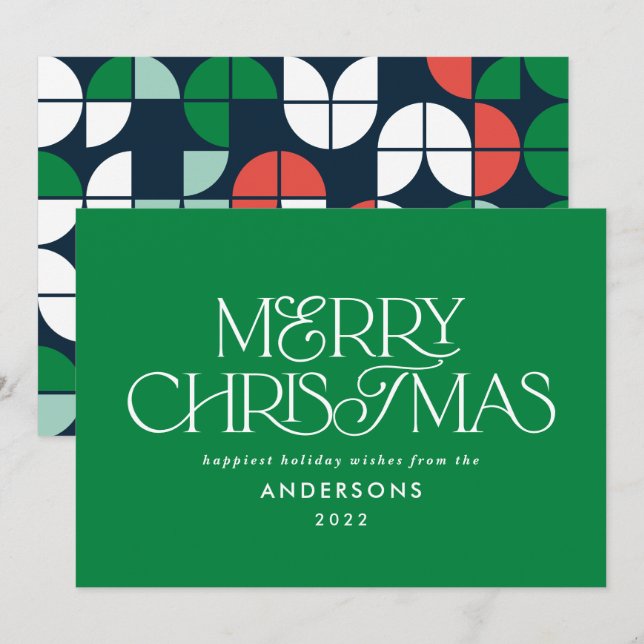 Colourful bright green Christmas geometric script Holiday Card (Front/Back)