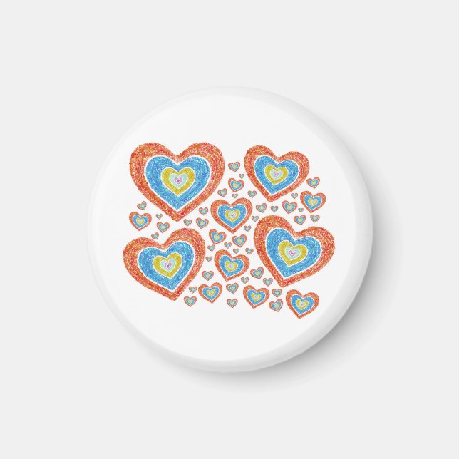 Colourful bright hearts round magnet (Front)