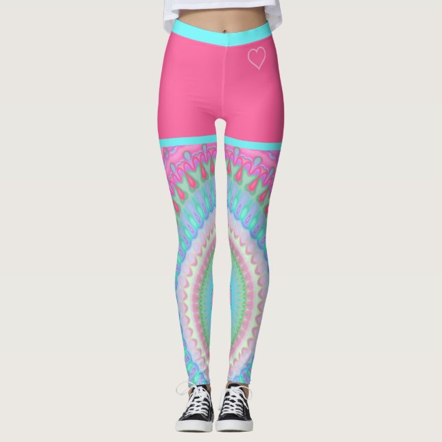 Colourful Bright Hippie Circle Pattern Pink Blue Leggings (Front)