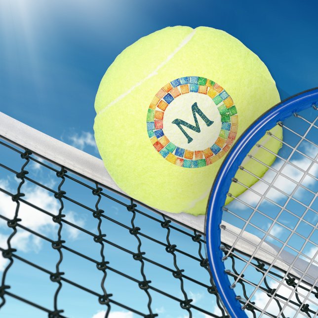 Colourful Bright Mosaic Border Monogrammed Tennis Balls (A monogrammed tennis ball with colorful mosaic pattern and initial on both sides)