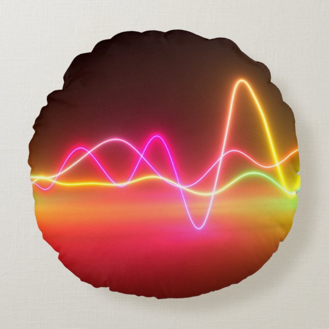 Colourful bright neon glowing graphic equalizer. M Round Cushion (Front)