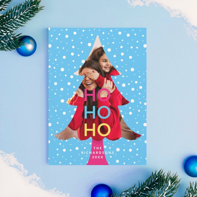 Colourful Bright Neon Ho Ho Christmas Photo Blue Holiday Card (Colourful Bright Neon Ho Ho Christmas Photo Blue Holiday Card)