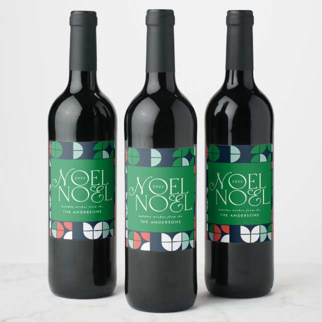 Colourful bright Noel Christmas geometric script Wine Label (Bottles)