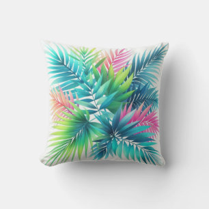 Colourful Bright Palm Leaves Pink Teal Blue Green Cushion