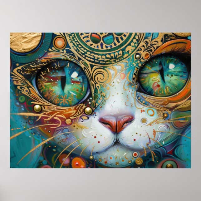 Colourful Bright Psychedelic Cat Face Wall Print (Front)