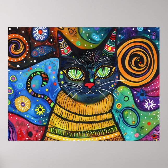 Colourful Bright Psychedelic Cat Wall Print Poster (Front)
