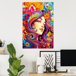 Colourful Bright Psychedelic Trippy Lady Wall Prin Poster