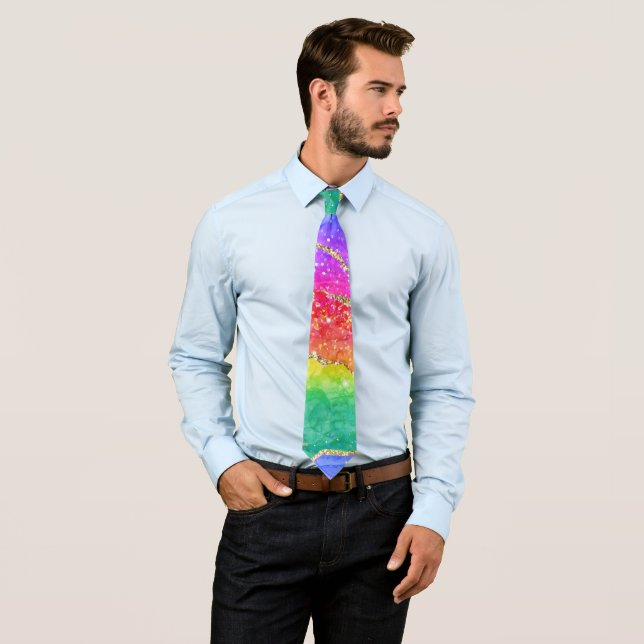 Colourful Bright Rainbow Glitter Gold Agate Tie (In Situ)