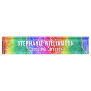 Colourful Bright Rainbow Glitter Gold Nameplate