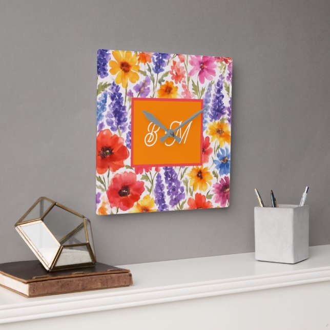 colourful Bright Summer floral Garden bloom  Square Wall Clock (Office)