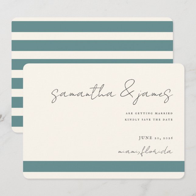 Colourful Bright Teal Stripes Handwritten Script Save The Date (Front/Back)