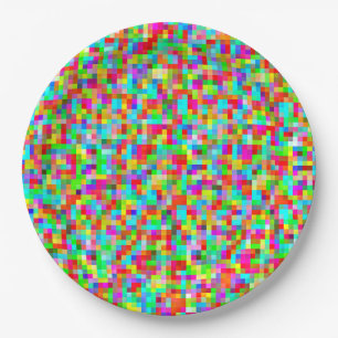 Colourful Bright Trendy Pixel Mosaic Pattern Paper Plate
