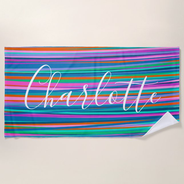 Colourful Bright Vibrant Stripes Personalised Name Beach Towel (Front)