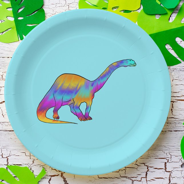 Colourful Brontosaurus Psychedelic Dinosaur Art Paper Plate (Colorful dinosaur brontosaurus paper plate)