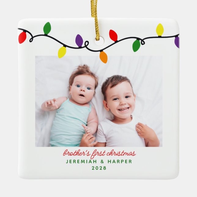 Colourful Brother's First Christmas Lights 2 Photo Ceramic Ornament (Front)