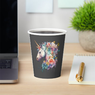 Colourful Brown Background Floral Unicorn Paper Cups