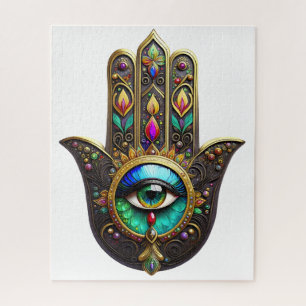 Colourful Brown Gold Hamsa Rainbow Colour Third Ey Jigsaw Puzzle