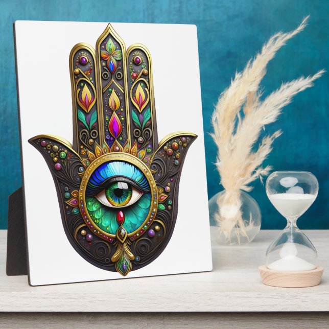 Colourful Brown Gold Hamsa Rainbow Colour Third Ey Plaque (Side)