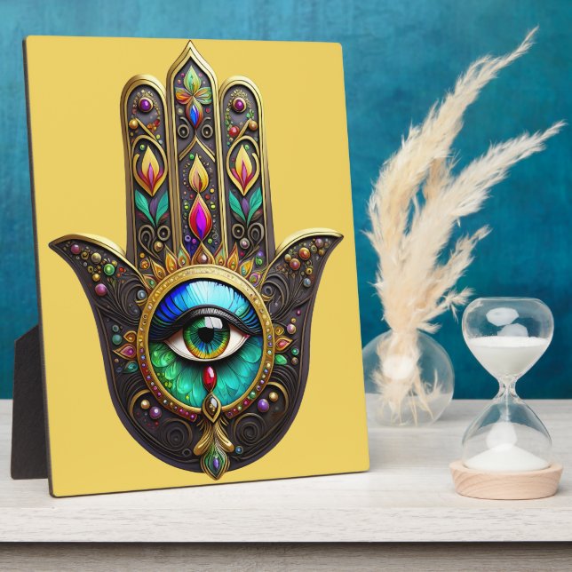 Colourful Brown Gold Hamsa Rainbow Colour Third Ey Plaque (Side)