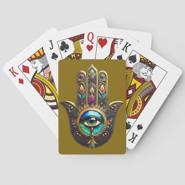 Colourful Brown Gold Hamsa Rainbow Colour Third Ey Playing Cards (Back)