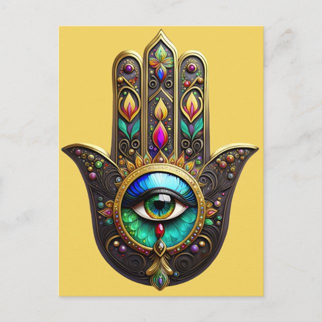 Colourful Brown Gold Hamsa Rainbow Colour Third Ey Postcard (Front)