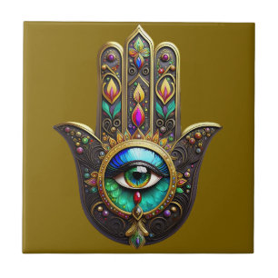 Colourful Brown Gold Hamsa Rainbow Colour Third Ey Tile