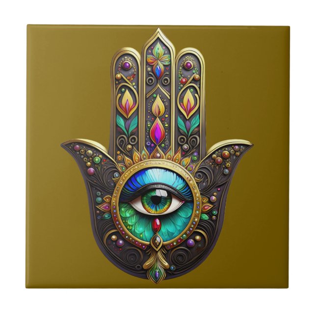 Colourful Brown Gold Hamsa Rainbow Colour Third Ey Tile (Front)