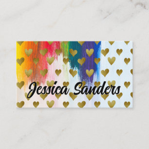 Colourful Brush Strokes Gold Hearts Pattern Business Card