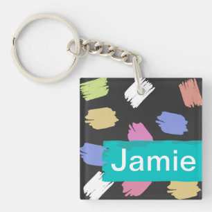 Colourful Brush Strokes on Black Personalised Key Ring