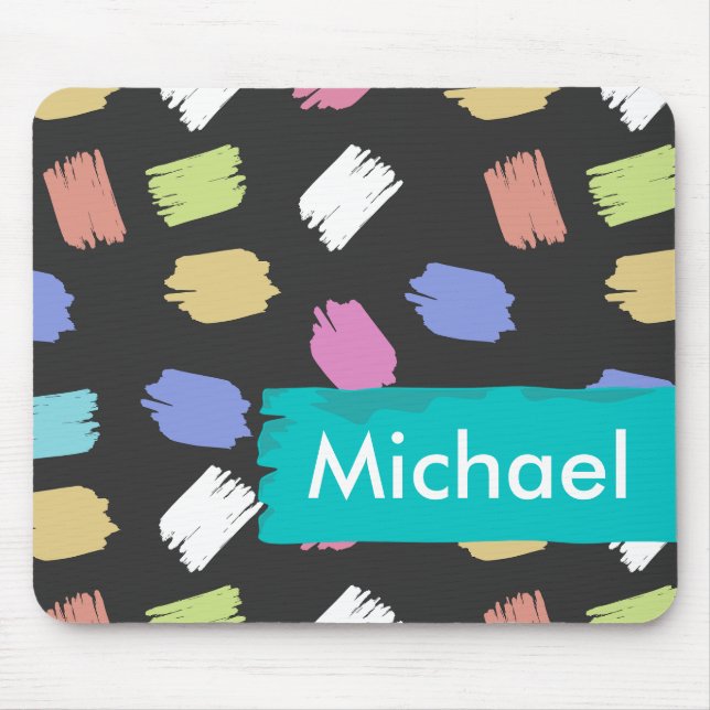 Colourful Brush Strokes on Black Personalised Mouse Mat (Front)